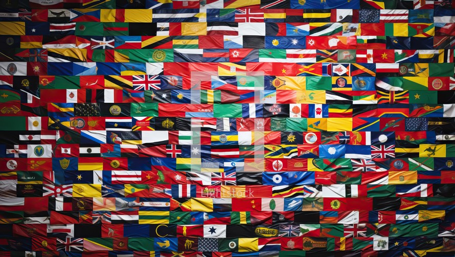 colorful national flags of the world on crumpled paper background