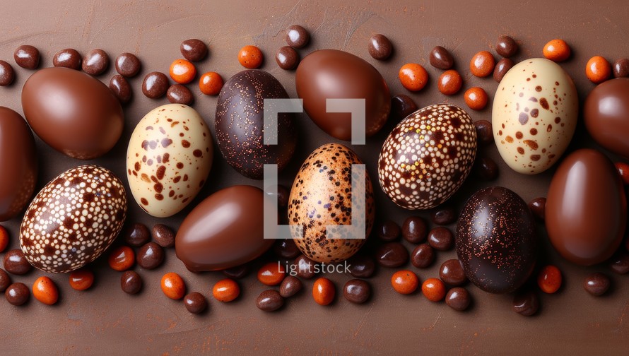 Chocolate Easter eggs and candies on brown background, top view
