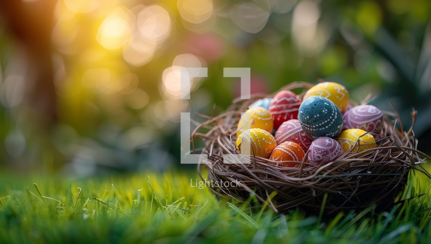Colorful easter eggs in nest on green grass with bokeh background