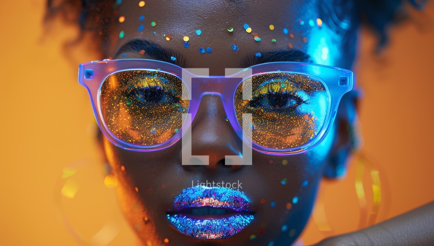 Fashion portrait of african american woman with neon makeup and sunglasses