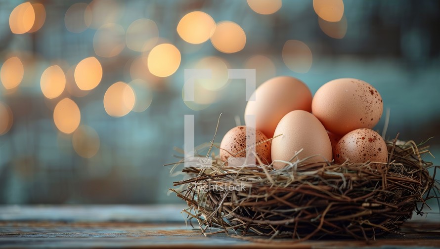 A nest of brown eggs on a wooden table with a blurred background of lights.