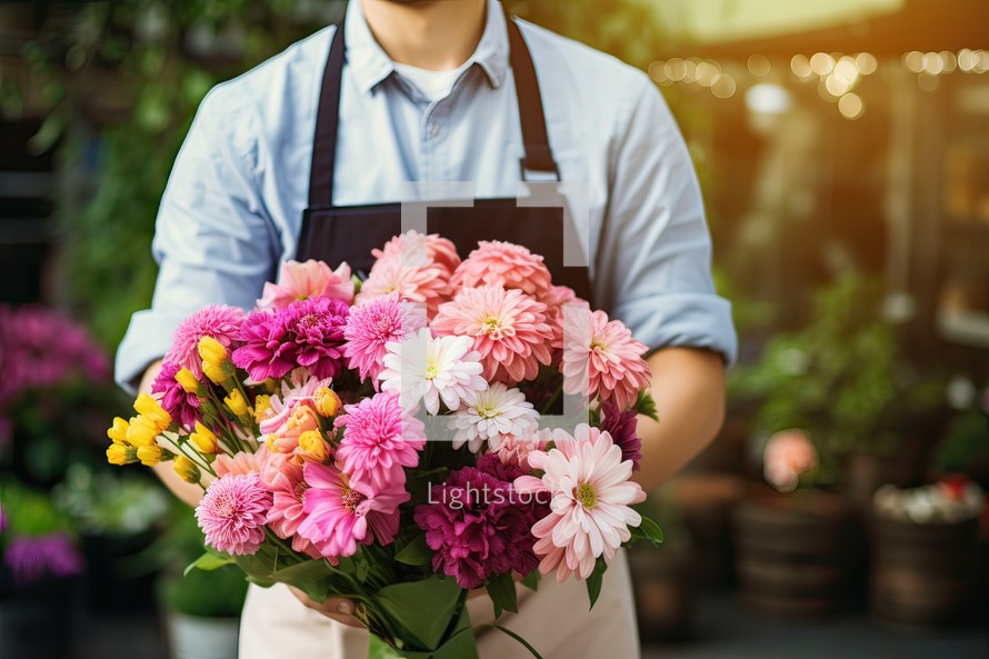 Male florist holding a bouquet of flowers in his hands