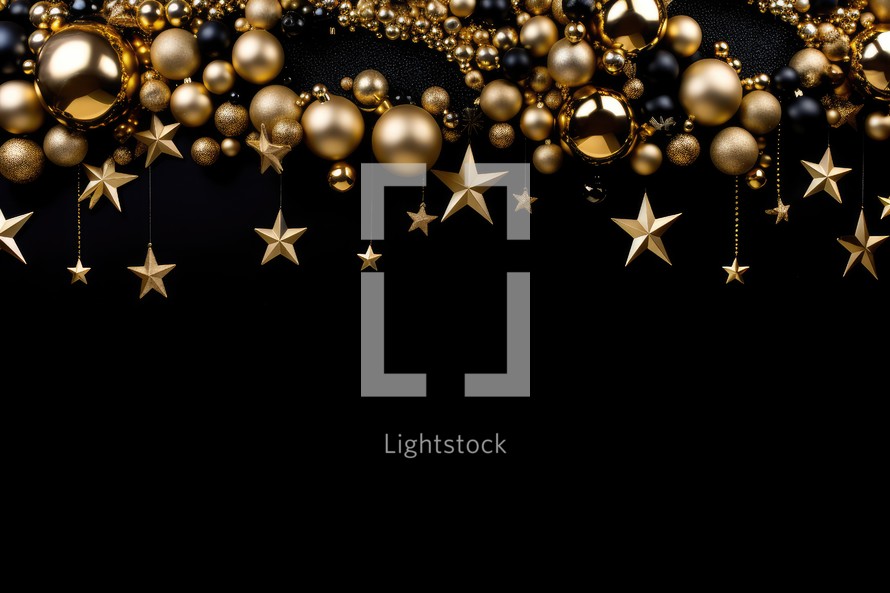 Christmas and New Year background with golden balls and stars on black.