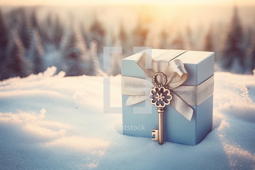 Vintage gift box with golden key in winter forest, retro toned