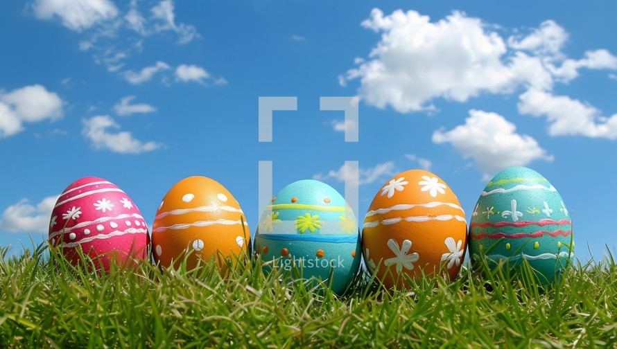 Colorful Easter eggs nestled in green grass against blue sky. Spring holiday celebration concept with decorated painted eggs on meadow.