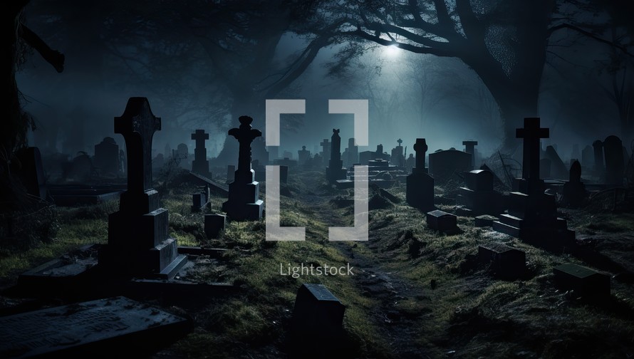 Gravestones in the cemetery at night with fog. Halloween concept