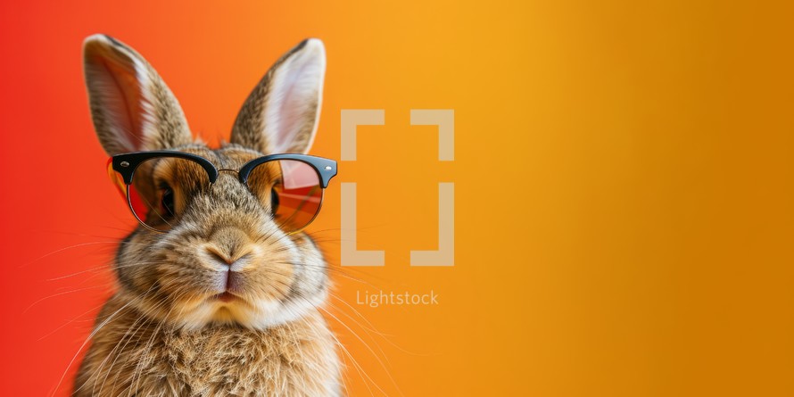 Easter bunny wearing sunglasses on orange background. Space for text.