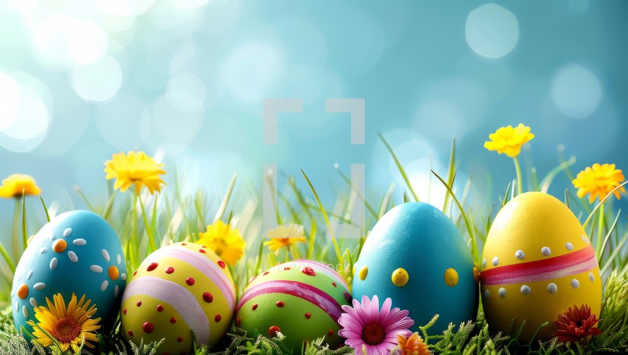 Colorful Easter eggs nestled in spring meadow with daffodils and bokeh background. Vibrant holiday celebration concept.