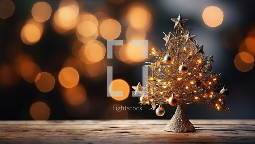 Christmas tree on wooden table with bokeh background. Christmas and New Year concept
