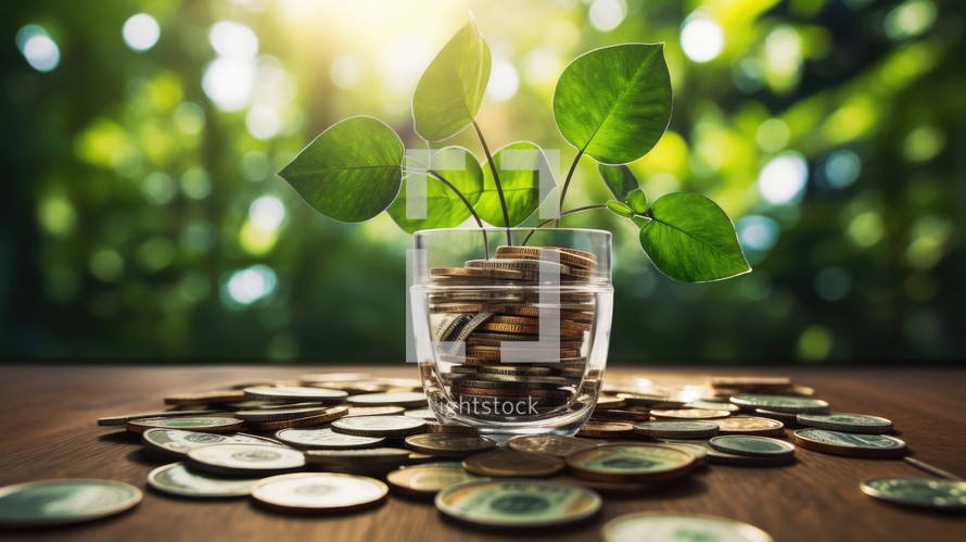 save money for investment concept plant growing out of coins with filter effect retro vintage style
