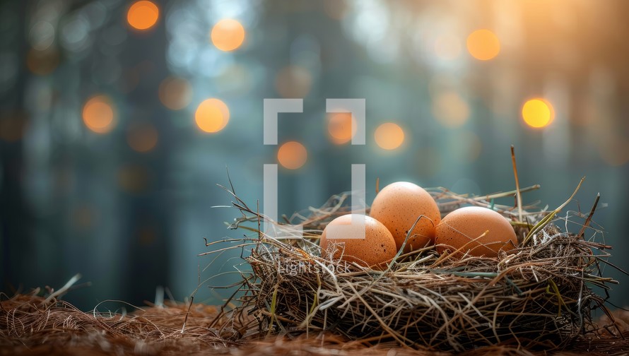 Brown chicken eggs in nest on forest floor with blurred lights, representing natural organic food, Easter, or new beginnings