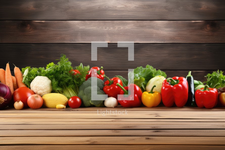 Fresh vegetables on wooden table. Healthy food background with copy space.