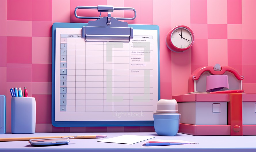 3d illustration of office desk with notepad and stationery.