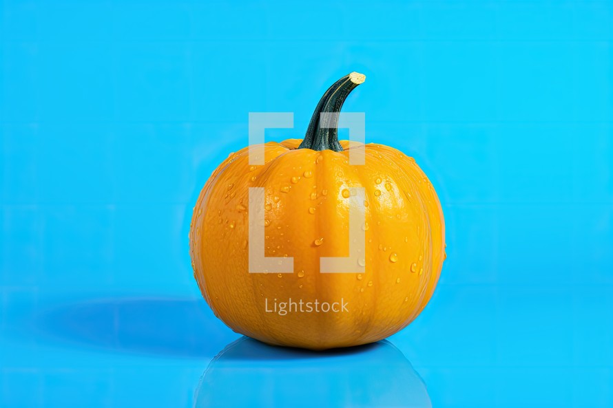 Pumpkin with water drops on a blue background. Halloween background