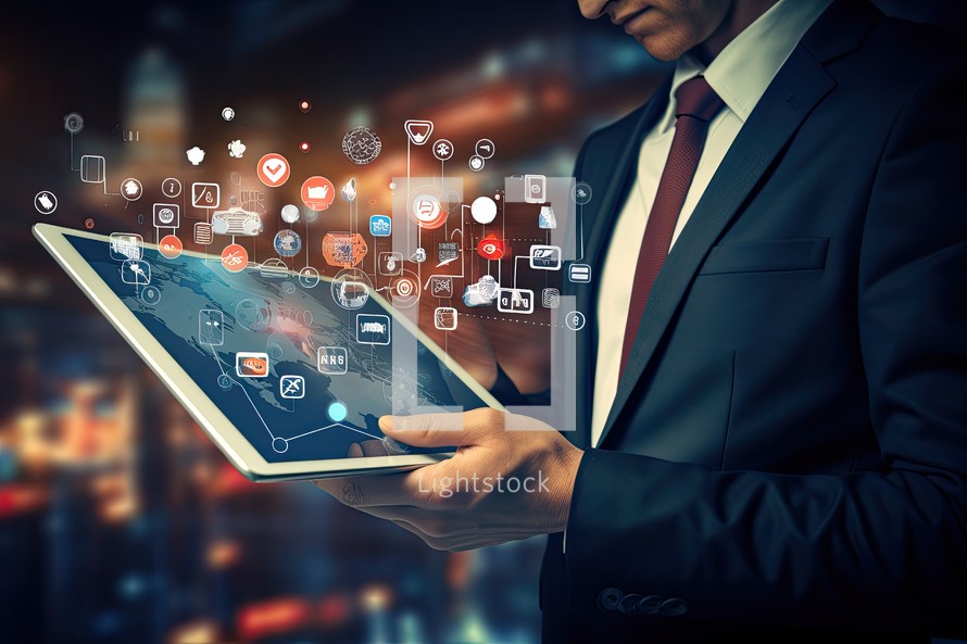Close up of businessman using tablet pc with media icons and symbols concept