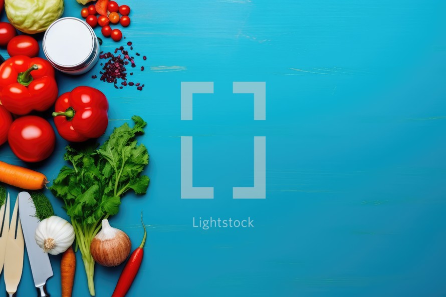 Fresh vegetables on a blue wooden background. Top view with copy space