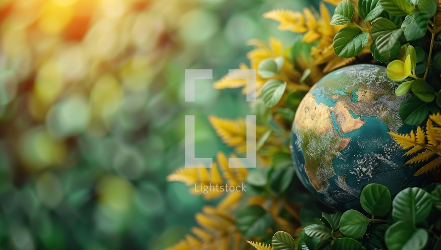 Earth globe surrounded by lush green foliage, representing nature, environment, and sustainability