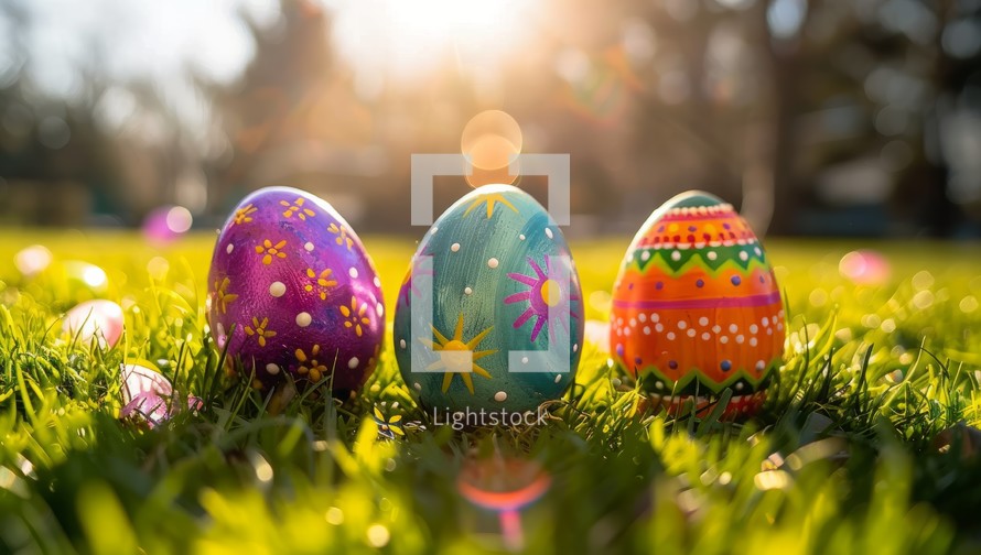 Vibrant Easter eggs in spring meadow with flowers and sunlight