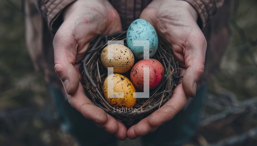 Hands holding colorful Easter eggs in nest. Spring holiday celebration concept.