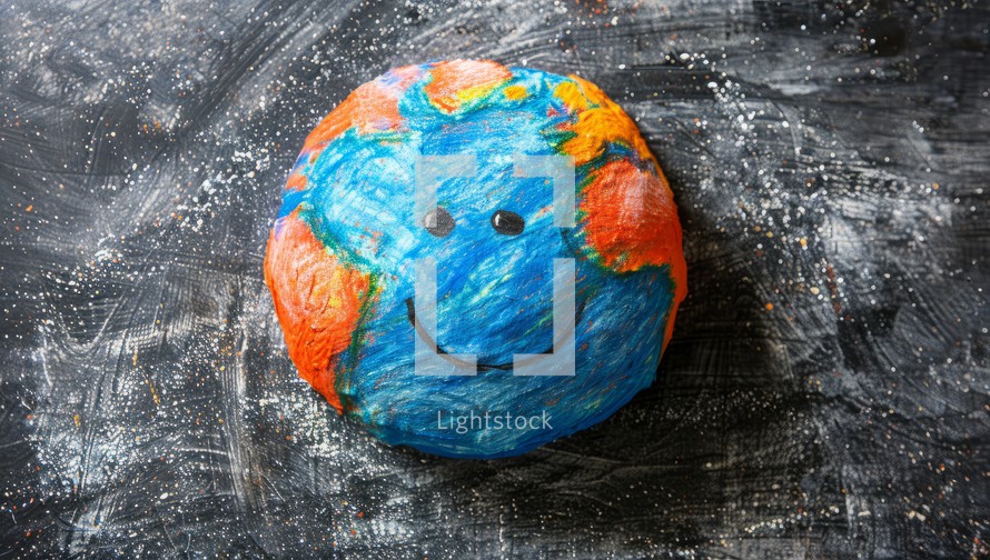 Smiling colorful clay planet Earth model on blackboard. Concept of environmental awareness, sustainability, and global unity