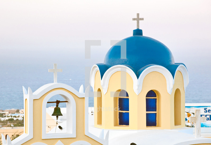 Santorini, Pyrgos, typical church, blue cupola