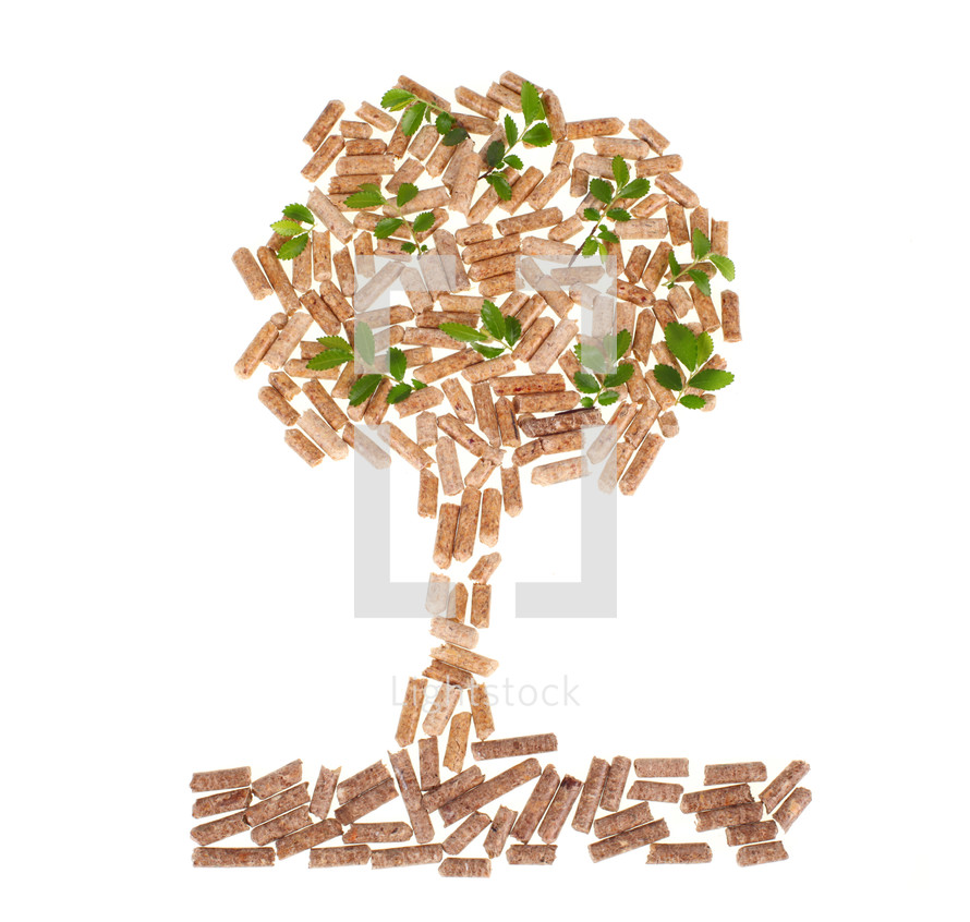 Tree of wood pellet on white background with leaves