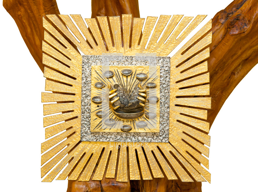 Golden Tabernacle on wooden tree isolated on white background.