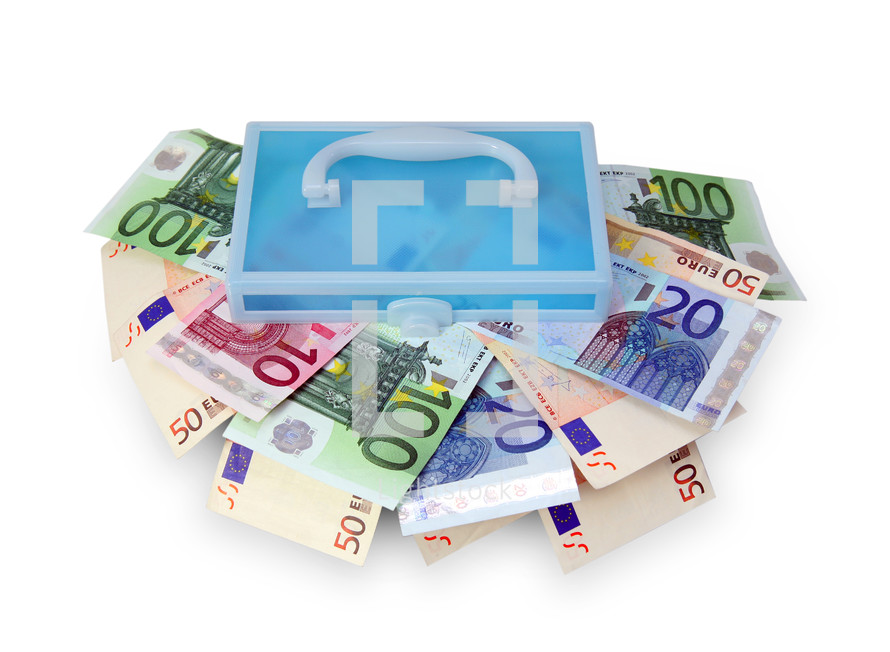 Plastic box with euro banknotes on white background