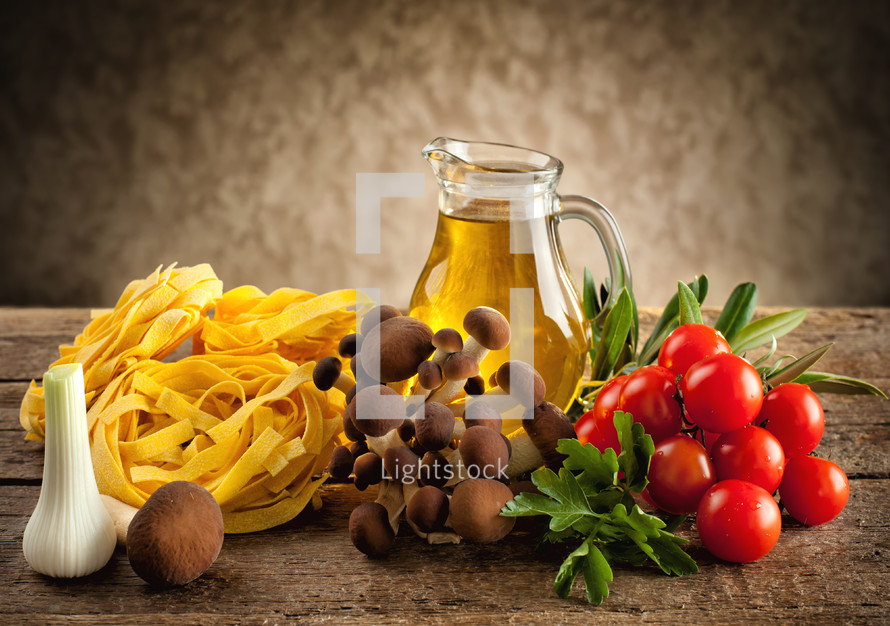Ingredients for cooking noodles with mushrooms.
