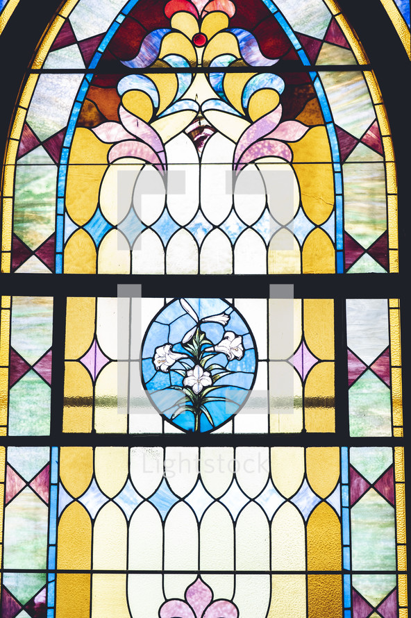 stained glass window of Easter Lilies 