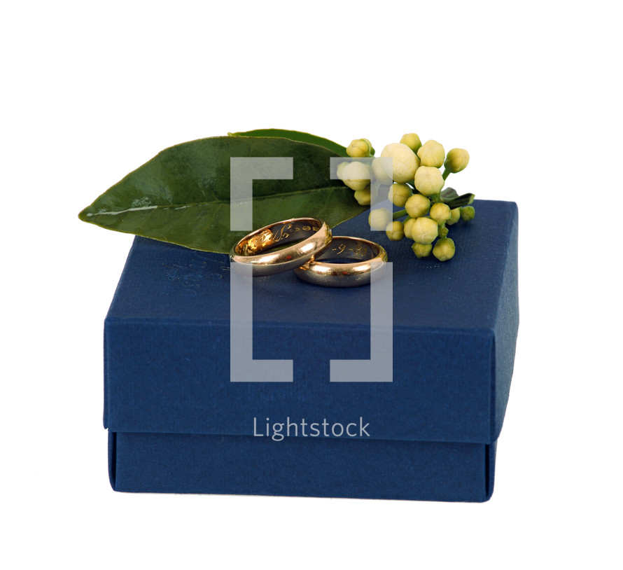 Blue box with wedding rings on white background
