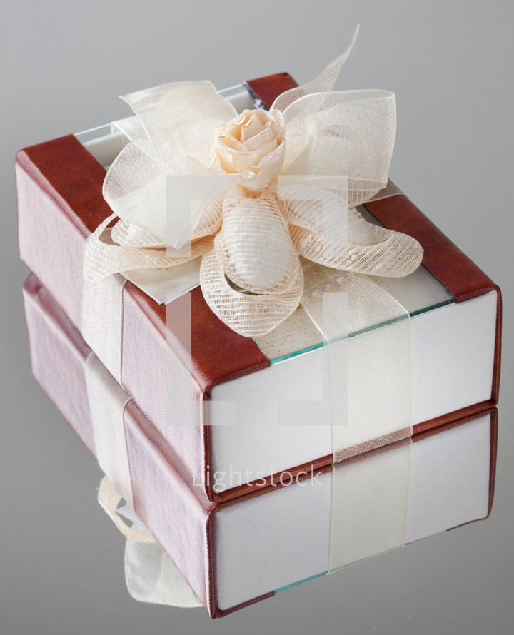 gift box with a brown cover is wrapped up by a beige tape with a bow
