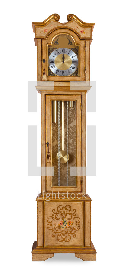Old grandfather clock isolated on white background