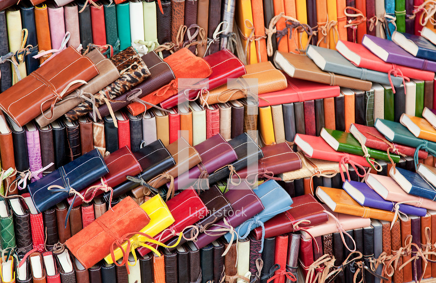 Leather diaries for sale in the markets of Florence, Italy.