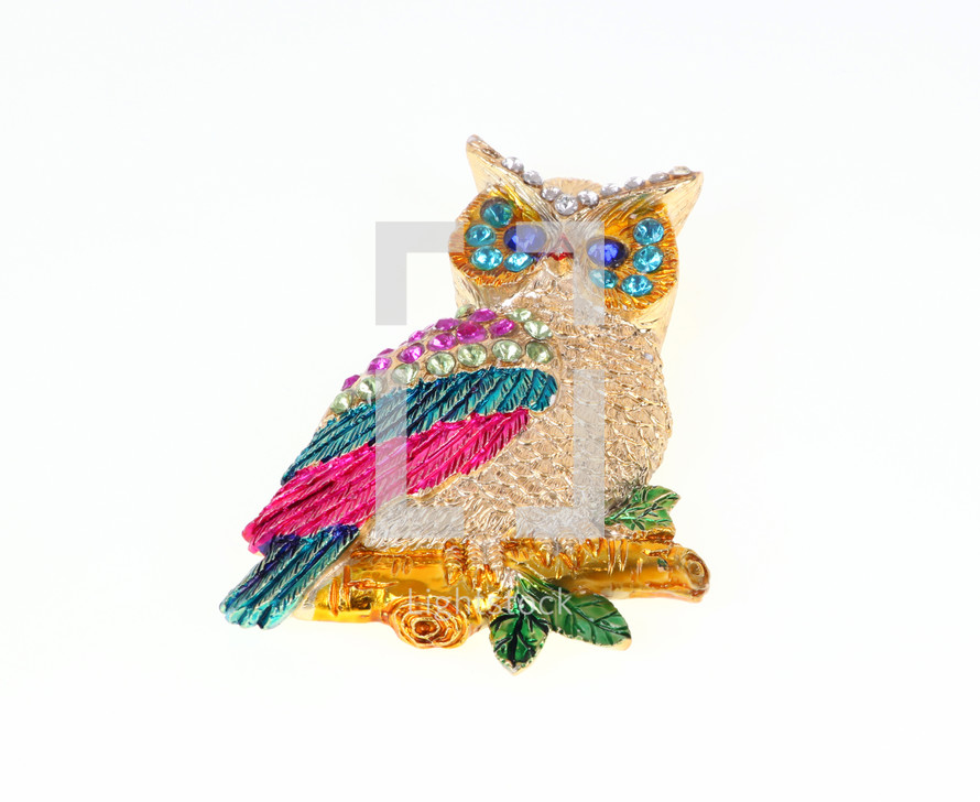Owl adorned with precious stones on white background