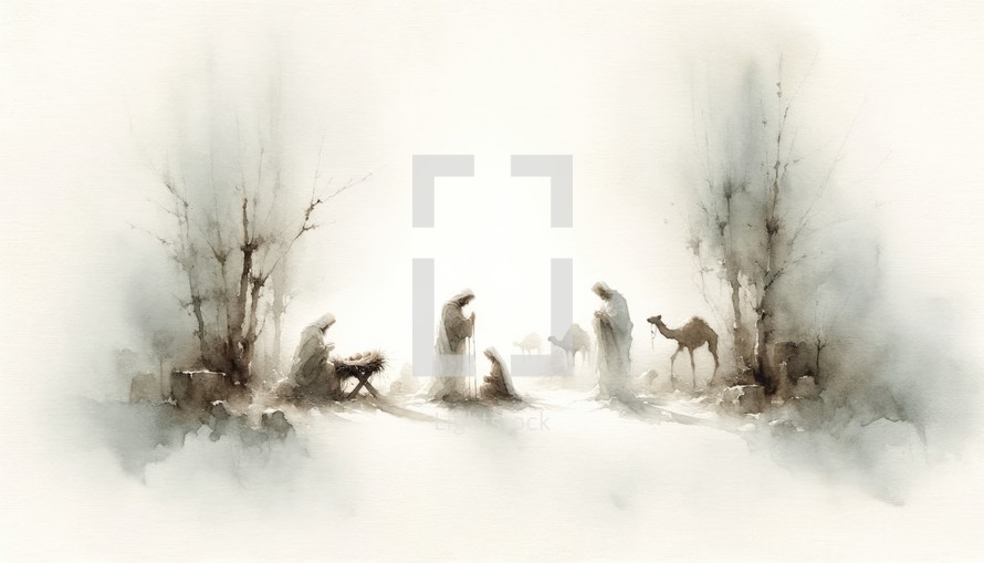 Visit of the Shepherds. Life of Christ. Watercolor Biblical Illustration