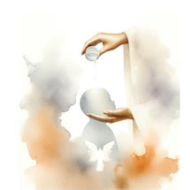 Baptism. Watercolor illustration of a hand pouring water on the head of a child