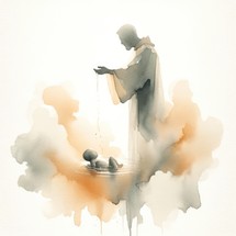  Baptism. Silhouette of a man baptizing a child in water. Watercolor illustration