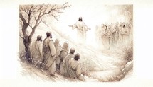 Resurrection of Jesus: Jesus appears to his followers. Life of Jesus. Digital line-art illustration.