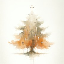 Christian christmas tree with cross. Digital watercolor painting