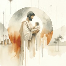 Watercolor illustration of Joseph with his baby Jesus on the background of Bethlehem