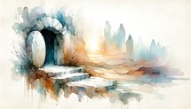 Resurrection of Jesus. The tomb is discovered to be empty. Life of Jesus. Digital watercolor painting. 