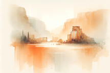 Digital painting. Cityscape of an ancient city. Ancient Biblical Lanscape. 