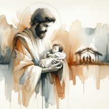 Watercolor illustration of Joseph with his baby Jesus on the background of nativity scene