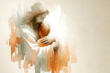 Jesus Christ embracing a child. Watercolor painting