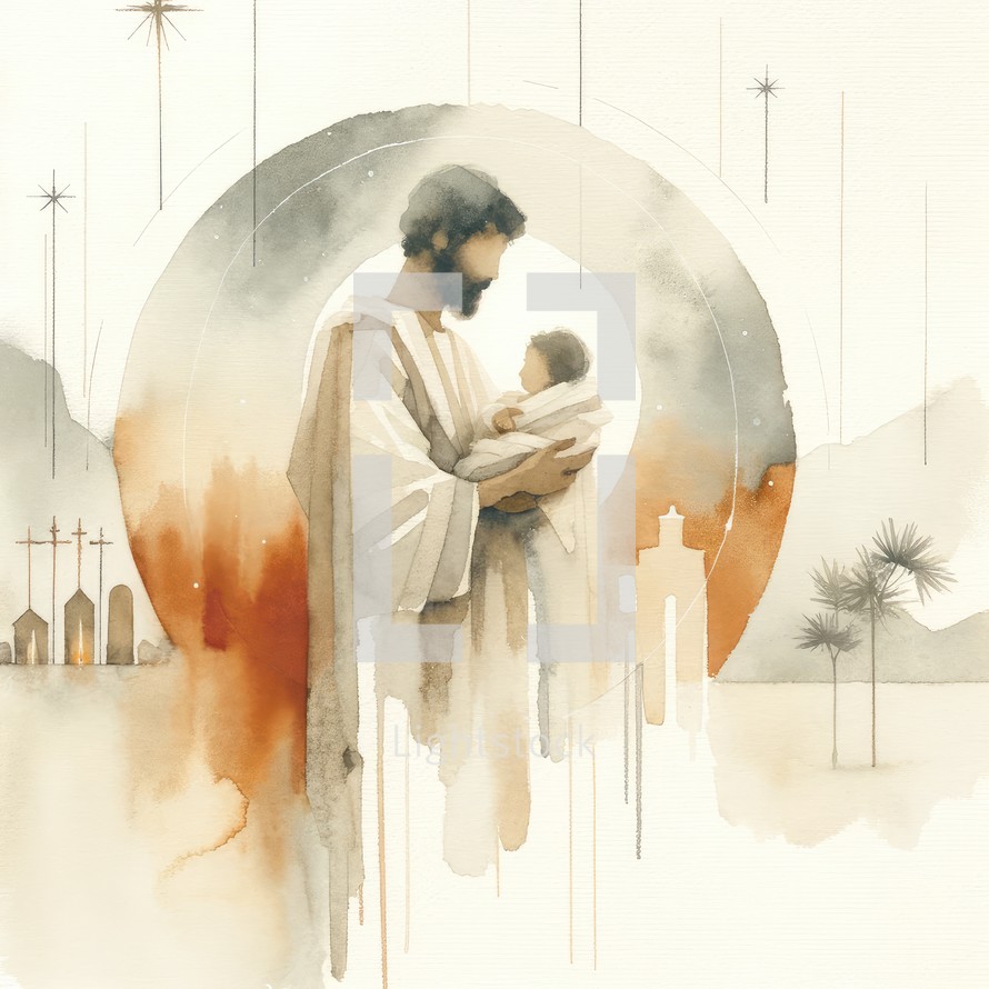 Watercolor illustration of Joseph with his baby Jesus on the background of Bethlehem