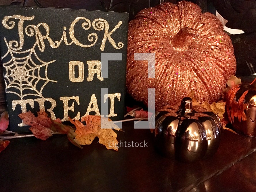 trick or treat sign and pumpkin 