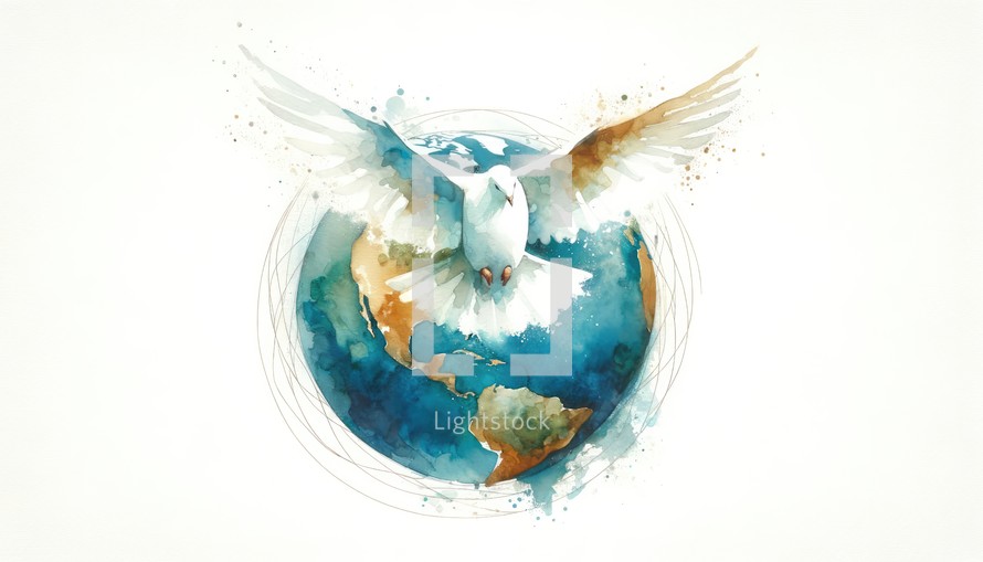 Dove of peace with Earth in the background. Watercolor digital painting.