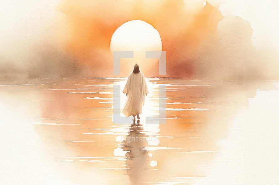 Watercolor illustration of Jesus walking
on water