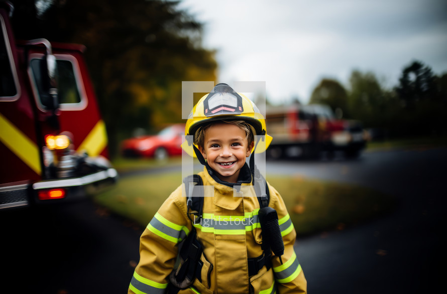 A young boy joyfully wearing a firefighter uniform, radiating happiness and enthusiasm